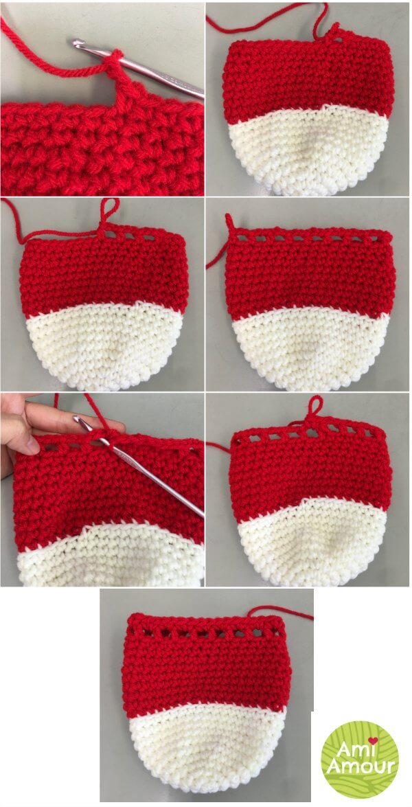 Close-up of white drawstring cord being crocheted into a red Pokeball pouch
