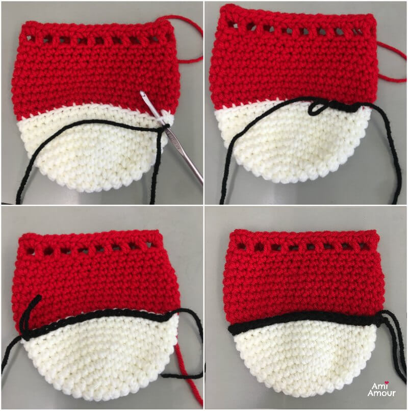 Finished crochet Pokeball drawstring pouch showing red white and black color sections