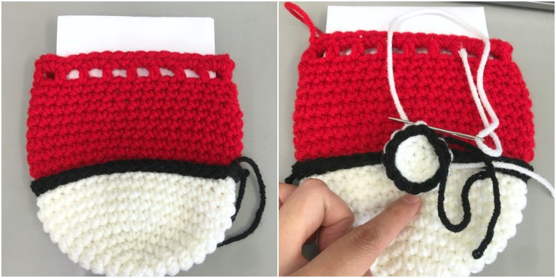Detailed crochet texture of the red section of a Pokeball drawstring bag