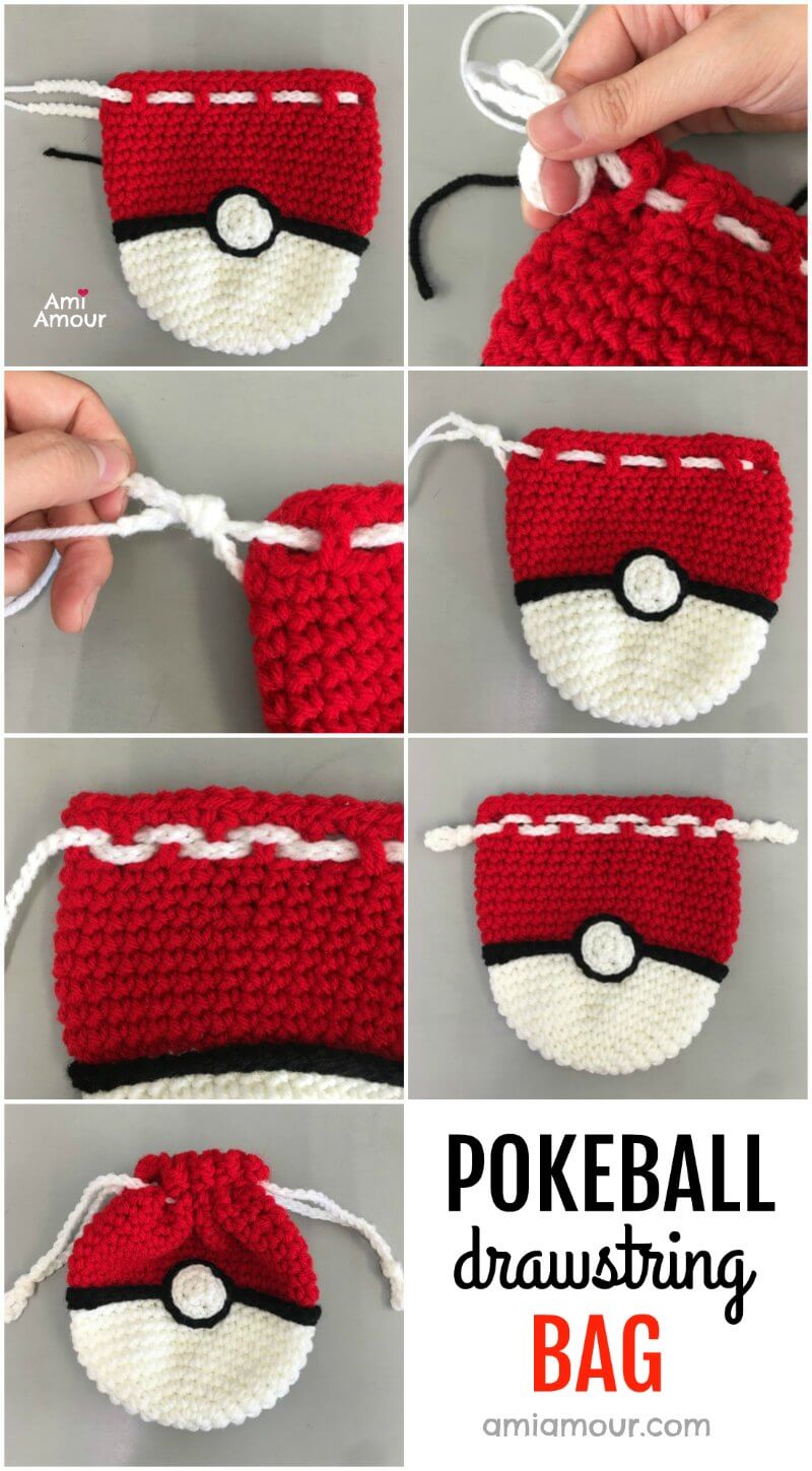 Crochet Pokeball bag showing the finished red upper section and black center band
