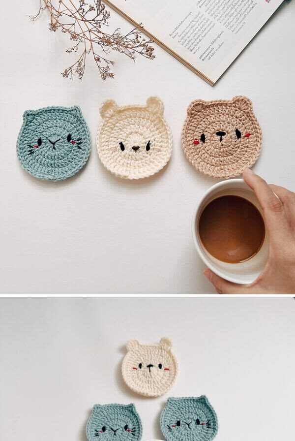 Crochet Animal Face Coasters: Cute Cat, Bunny & Bear Coasters