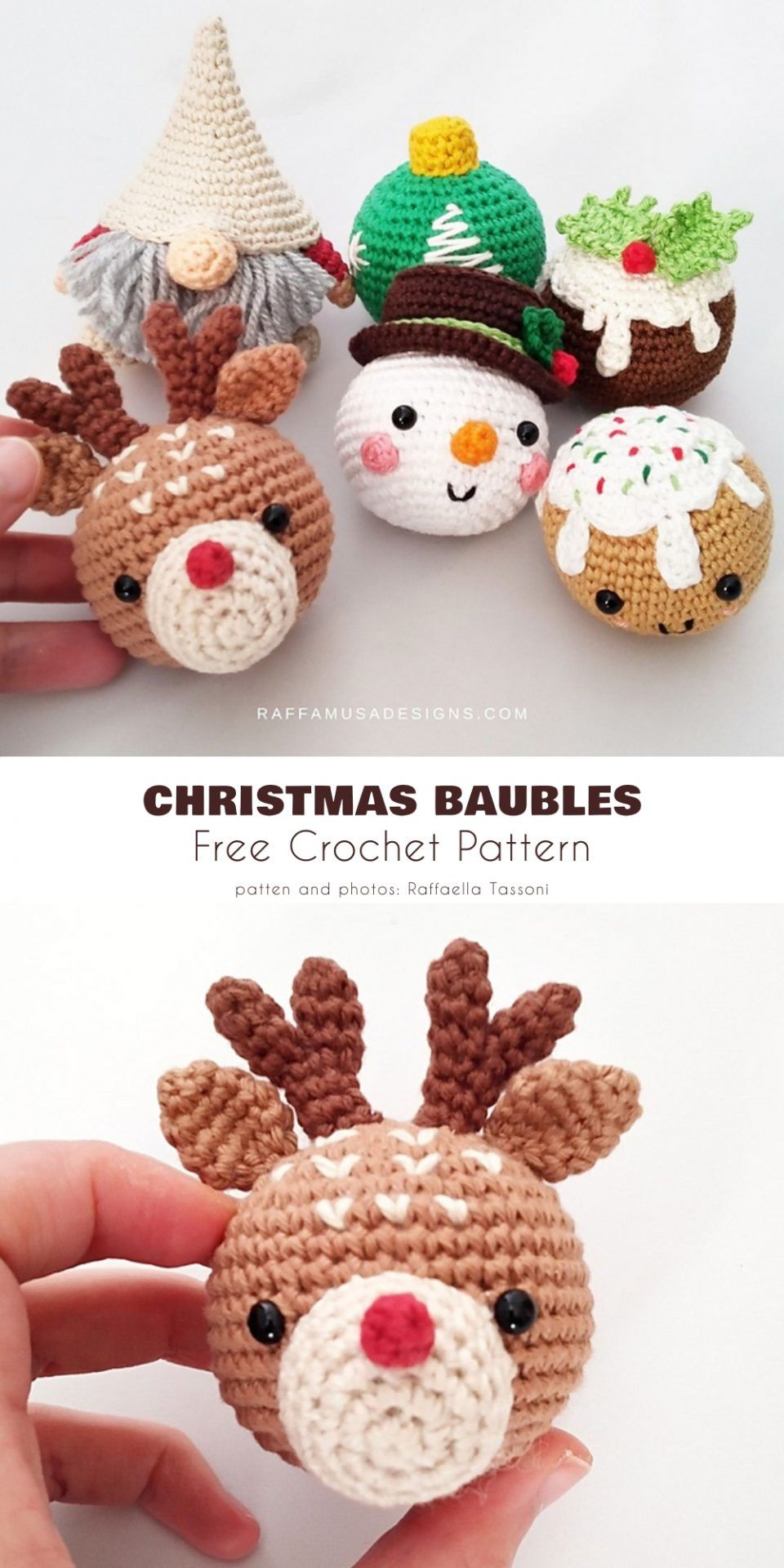 Crochet reindeer Christmas bauble with red nose and antlers