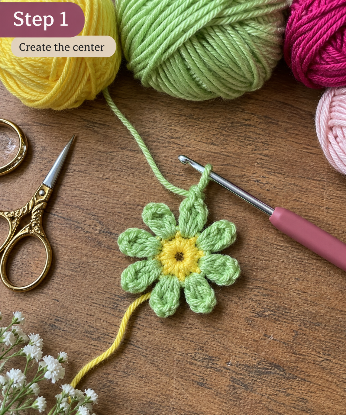 Step 1 of a crochet flower coaster showing the colorful center and crochet hook