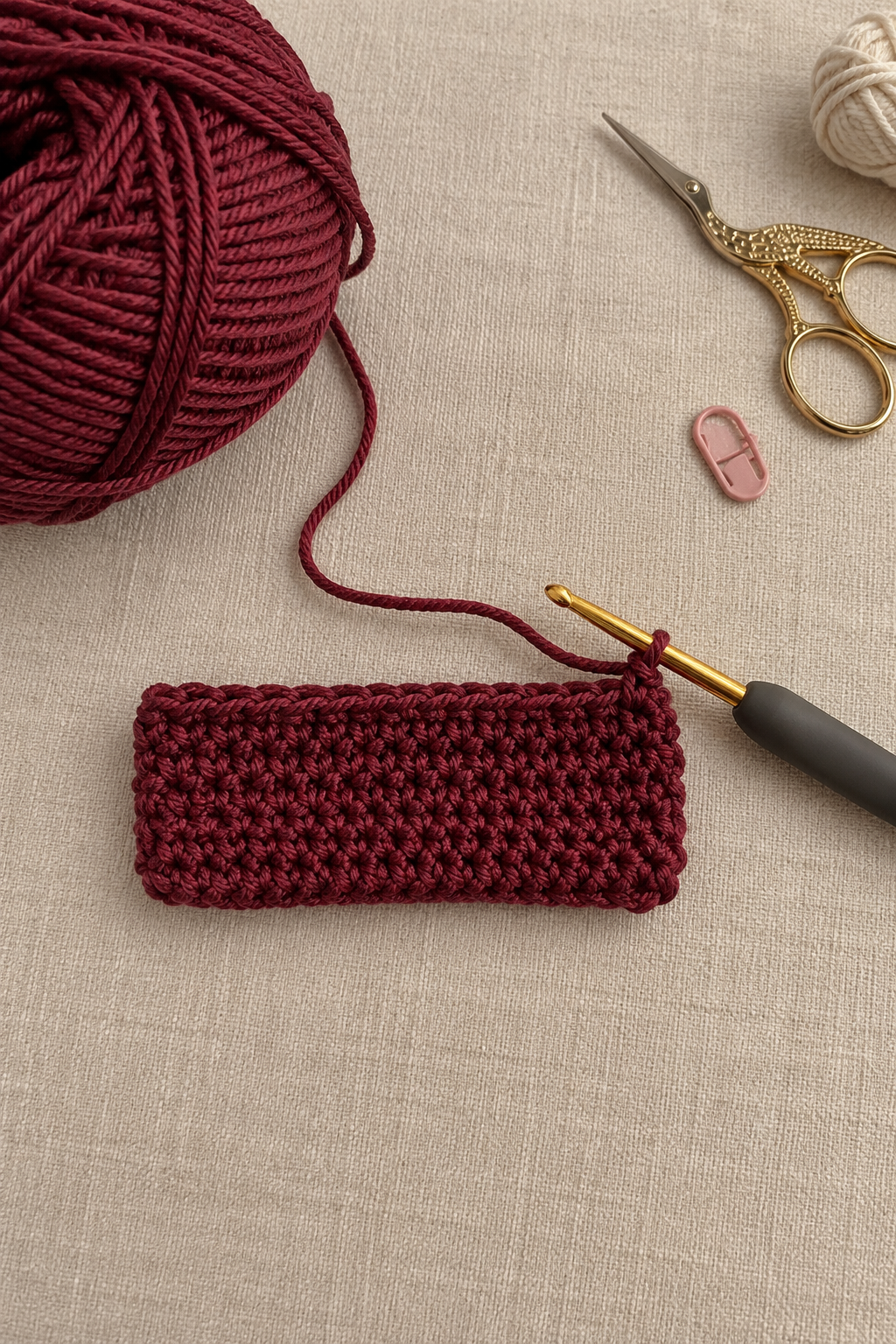 Beginning stage of a burgundy crochet camera pouch with yarn and crochet hook