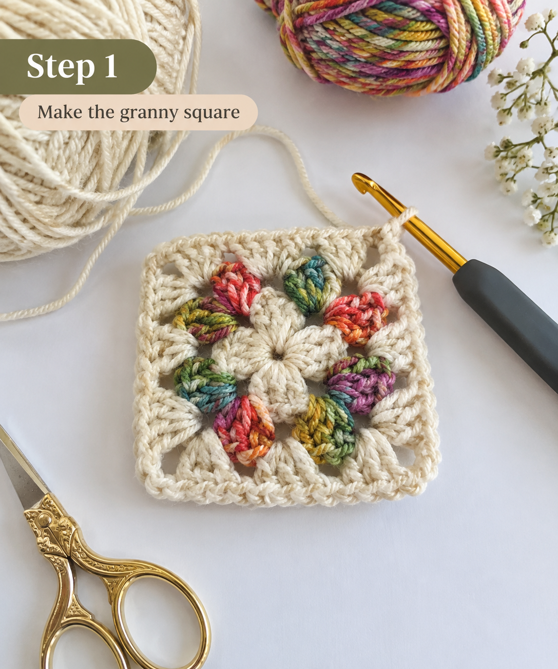 Step 1 of making colorful granny square fingerless mitts