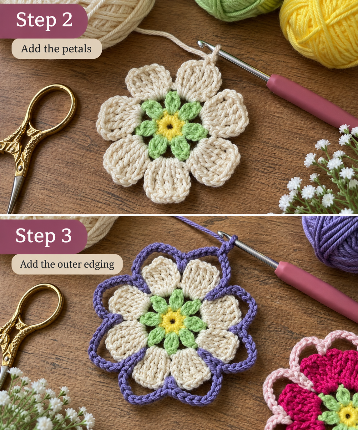 Step 2 crochet flower coaster showing larger petals being added