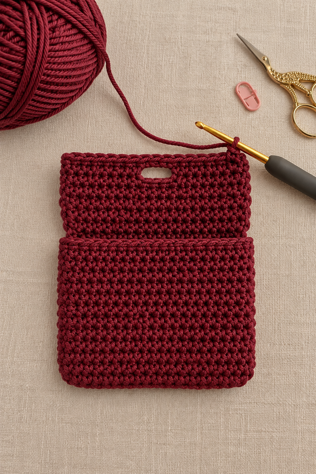 Crochet camera pouch in progress with flap and buttonhole opening