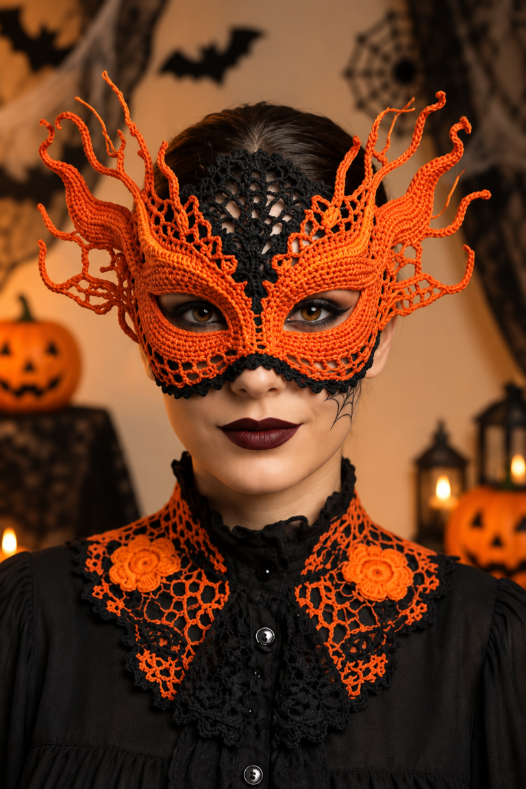 Crochet Halloween Masquerade Mask: A Gothic Black & Orange Design