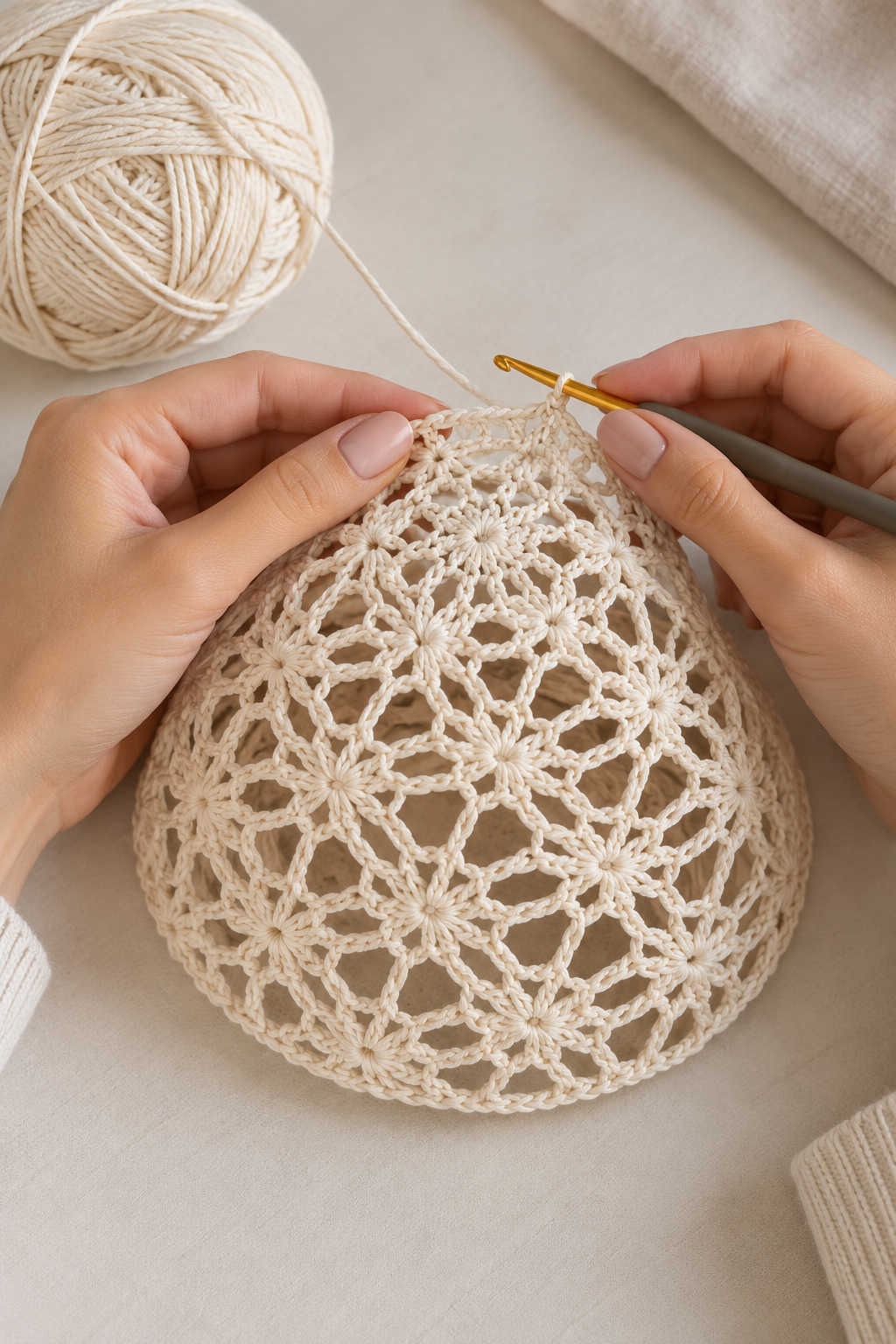 Crocheting the floral lace crown of a cream crochet sun hat