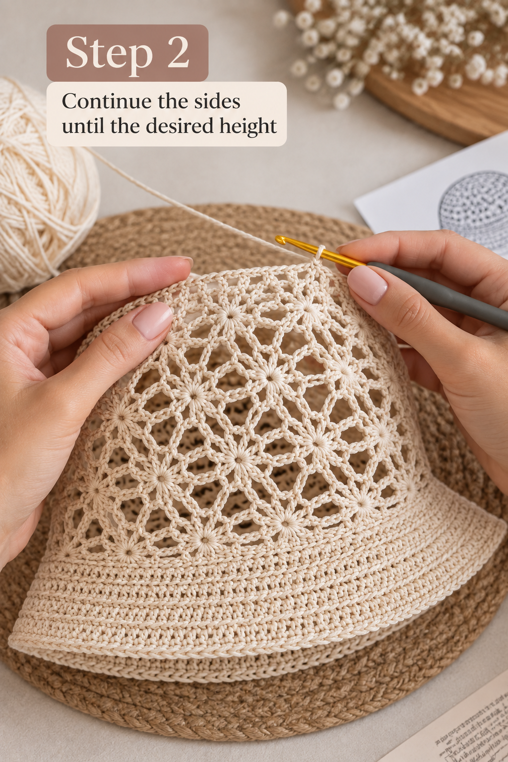 Crochet sun hat body and brim being shaped with cream yarn