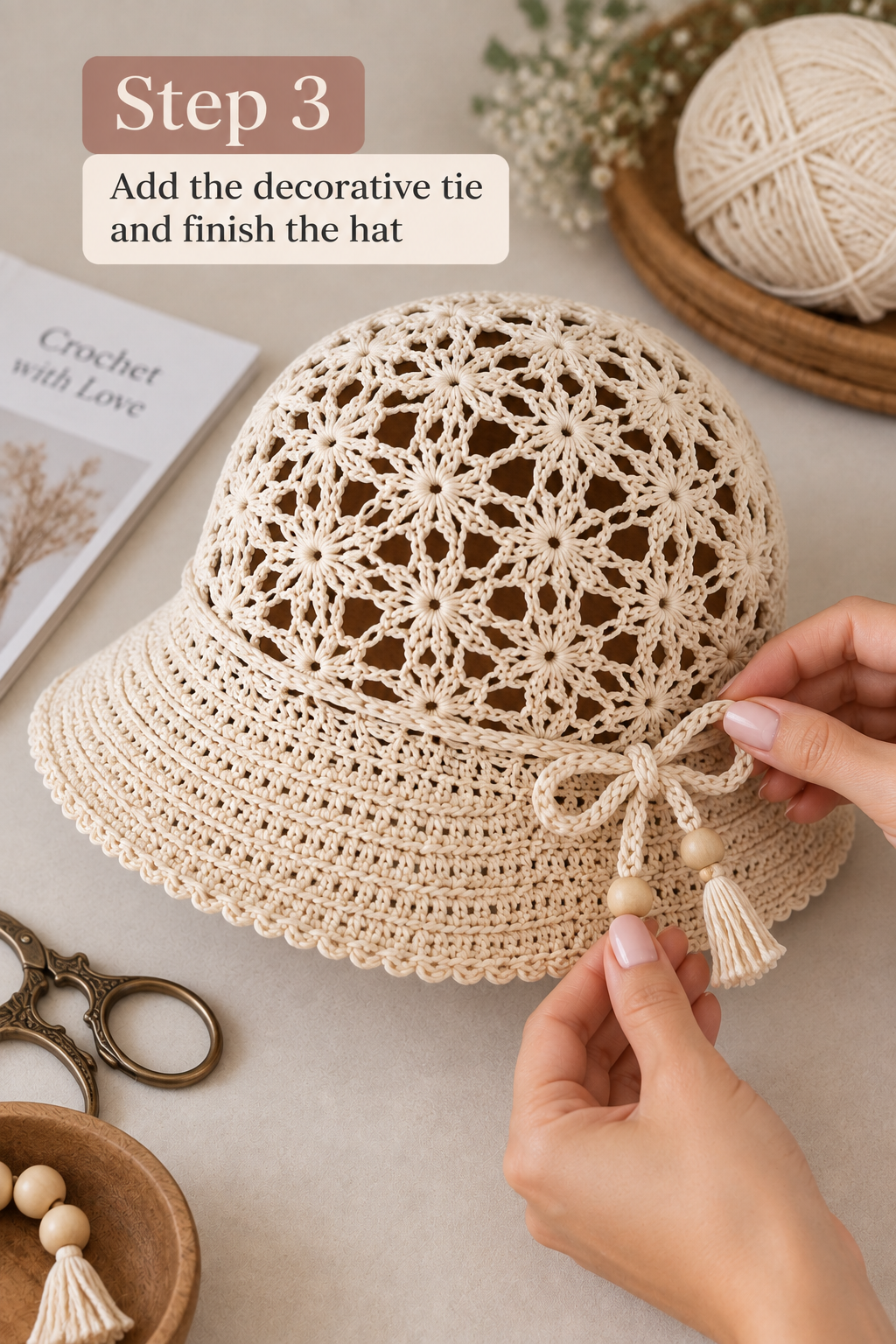 Finishing a cream crochet sun hat with a decorative side tie, beads and tassel