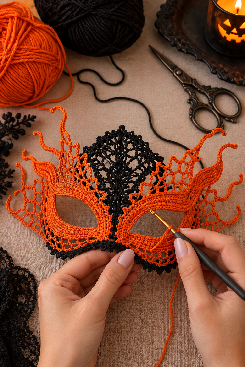 Crocheting the first stage of a black and orange Halloween masquerade mask