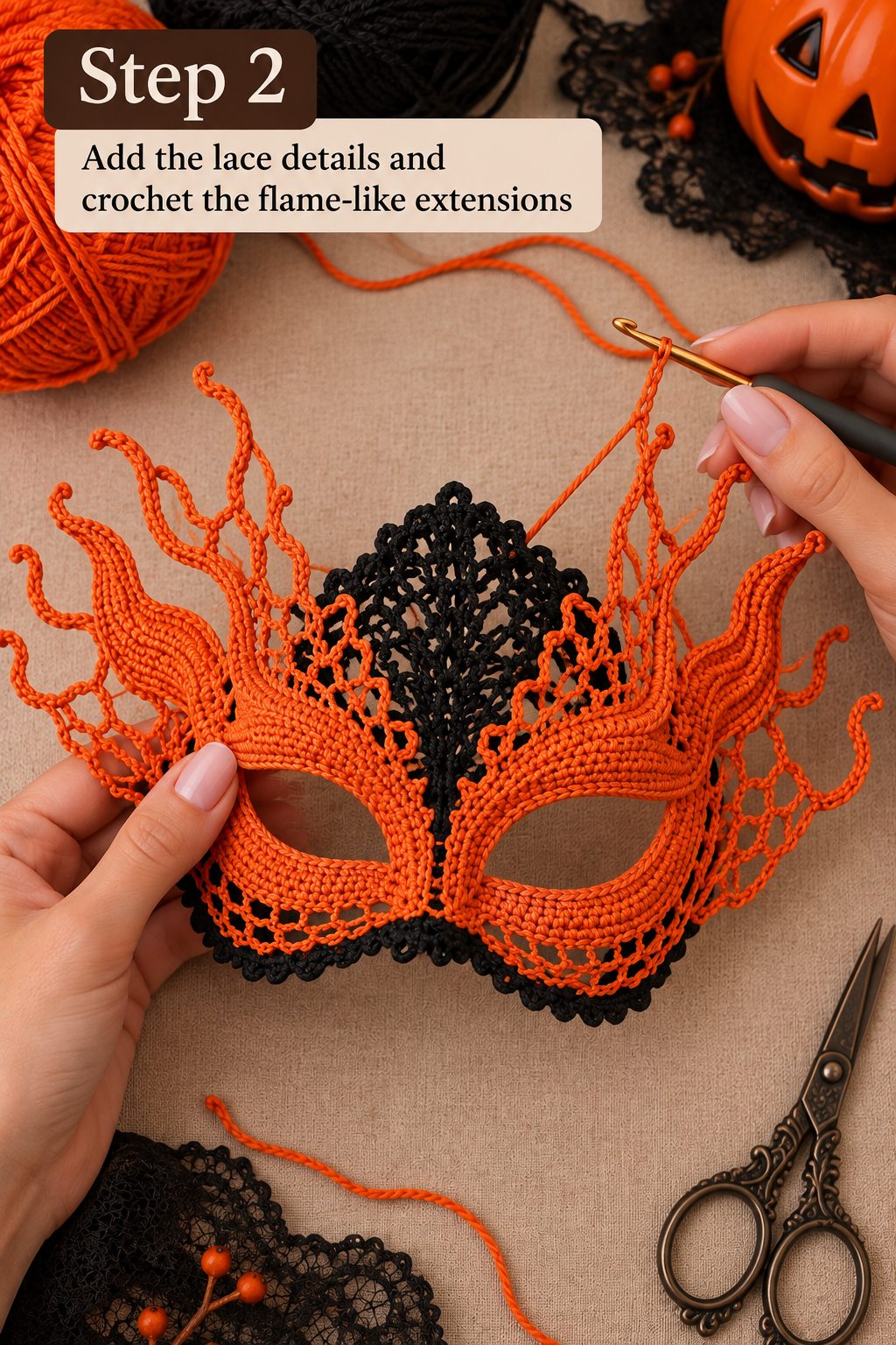 Adding lace details and flame-like crochet extensions to a Halloween mask