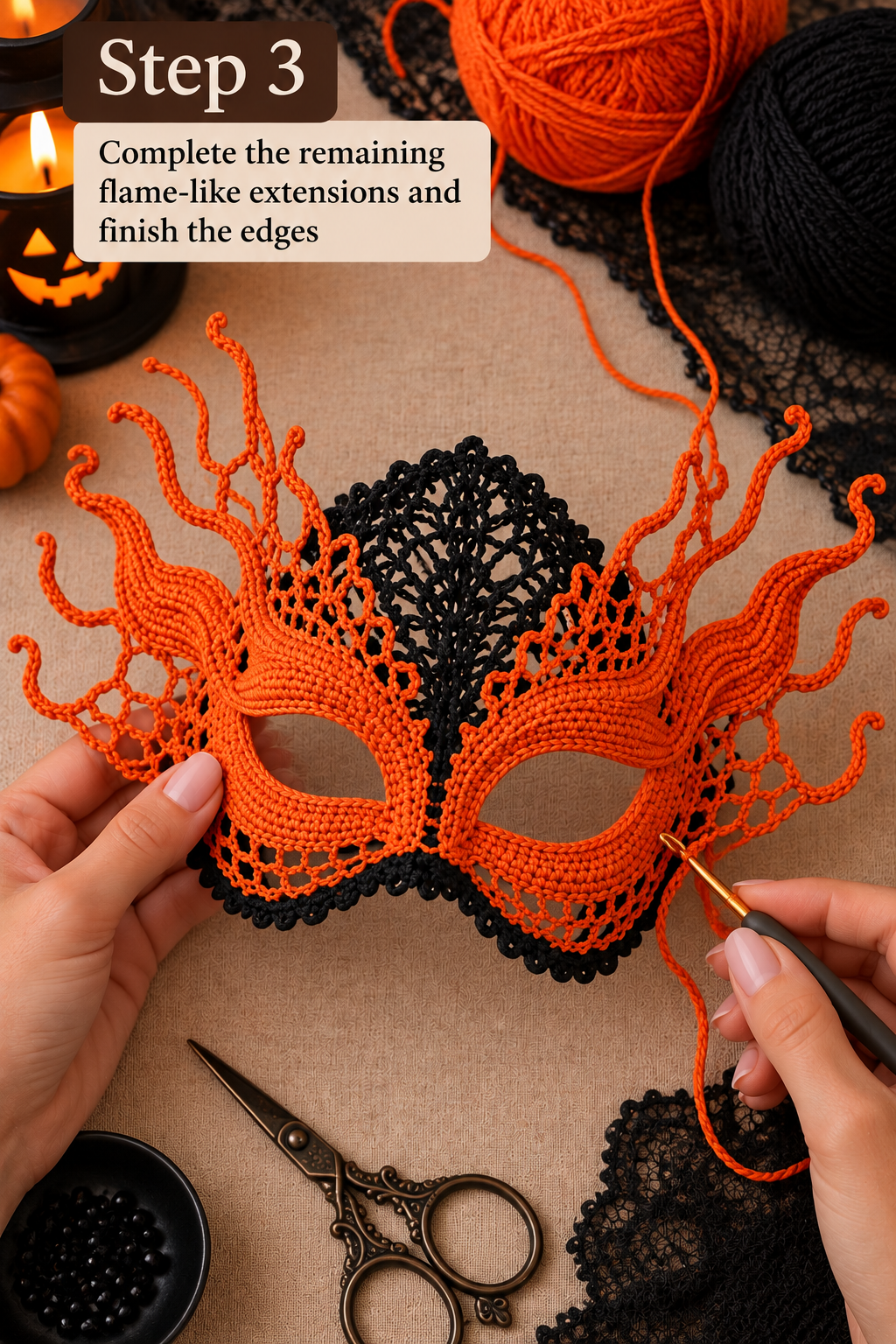 Finishing the orange and black crochet Halloween masquerade mask