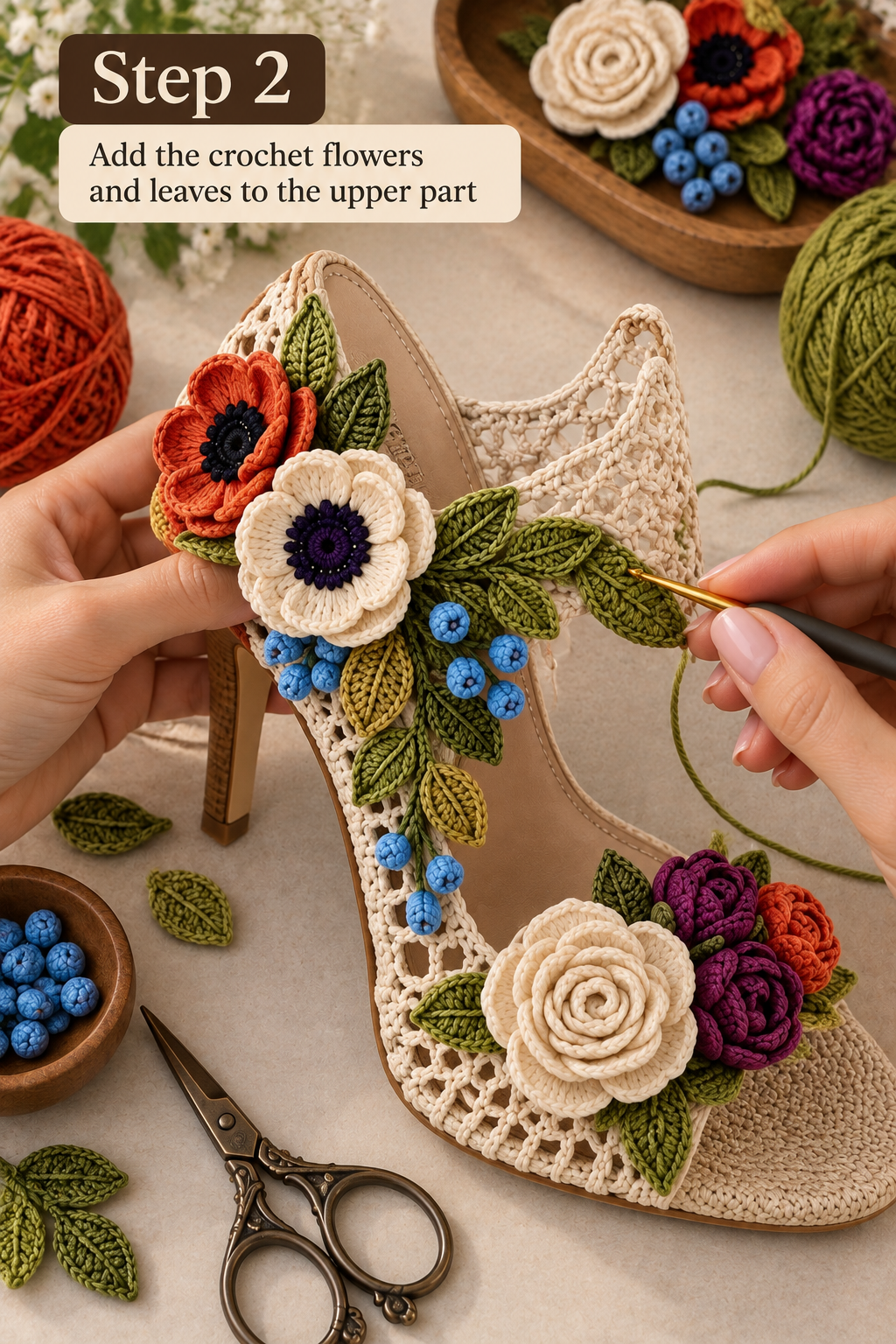 Adding colorful crochet flowers and leaves to a cream lace high heel sandal