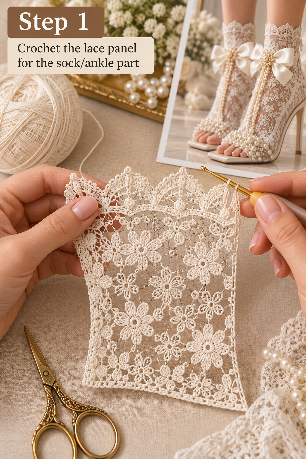 Crocheting an ivory floral lace panel for bridal high heel booties