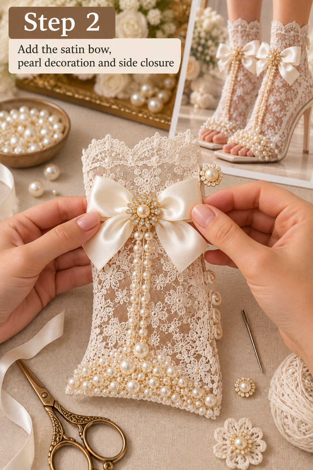 Adding a satin bow and pearl embellishments to crochet lace bridal footwear