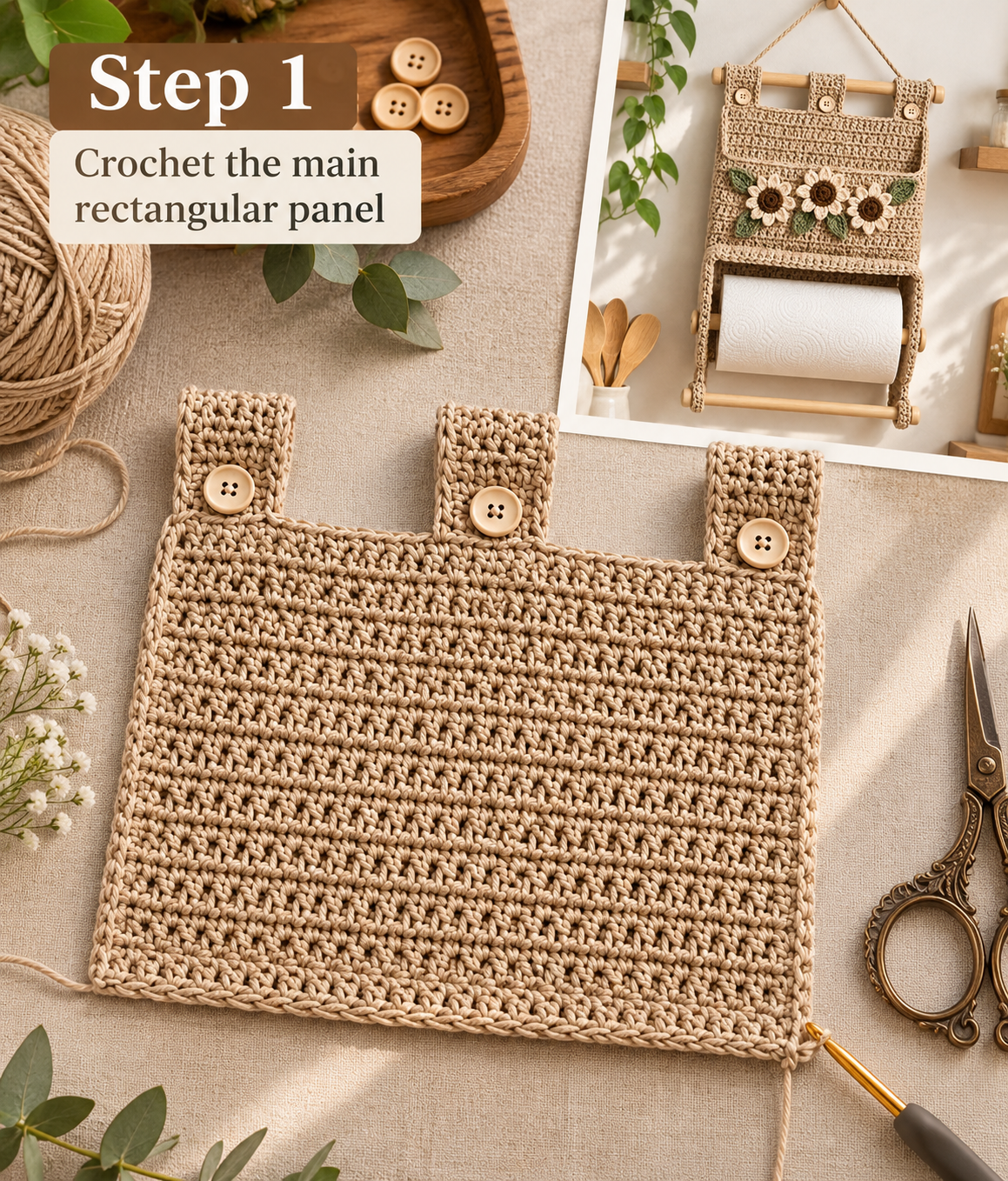 Crocheting the main rectangular panel for a wall mounted paper towel holder