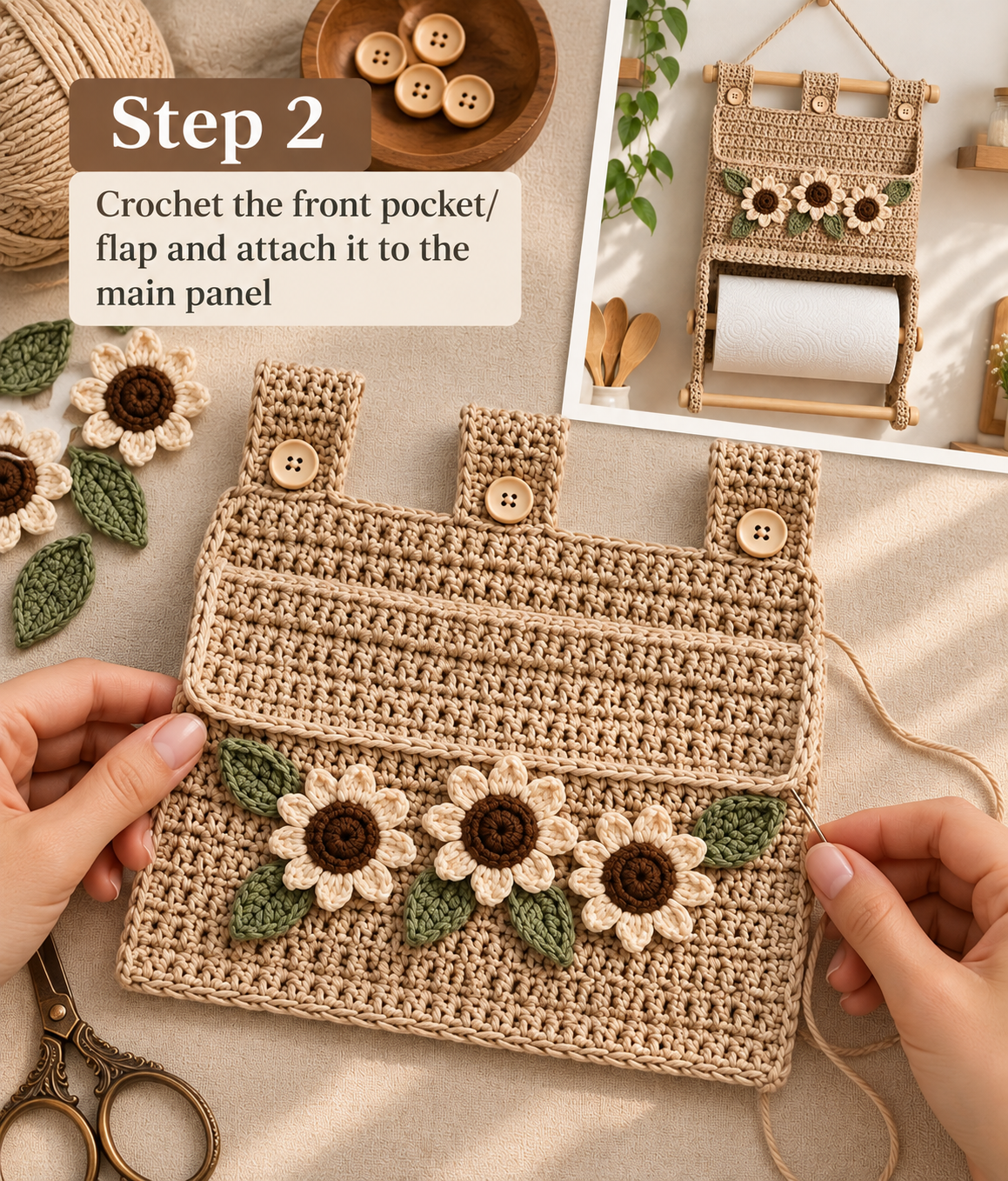 Adding crocheted sunflower flowers and leaves to the front of a paper towel holder