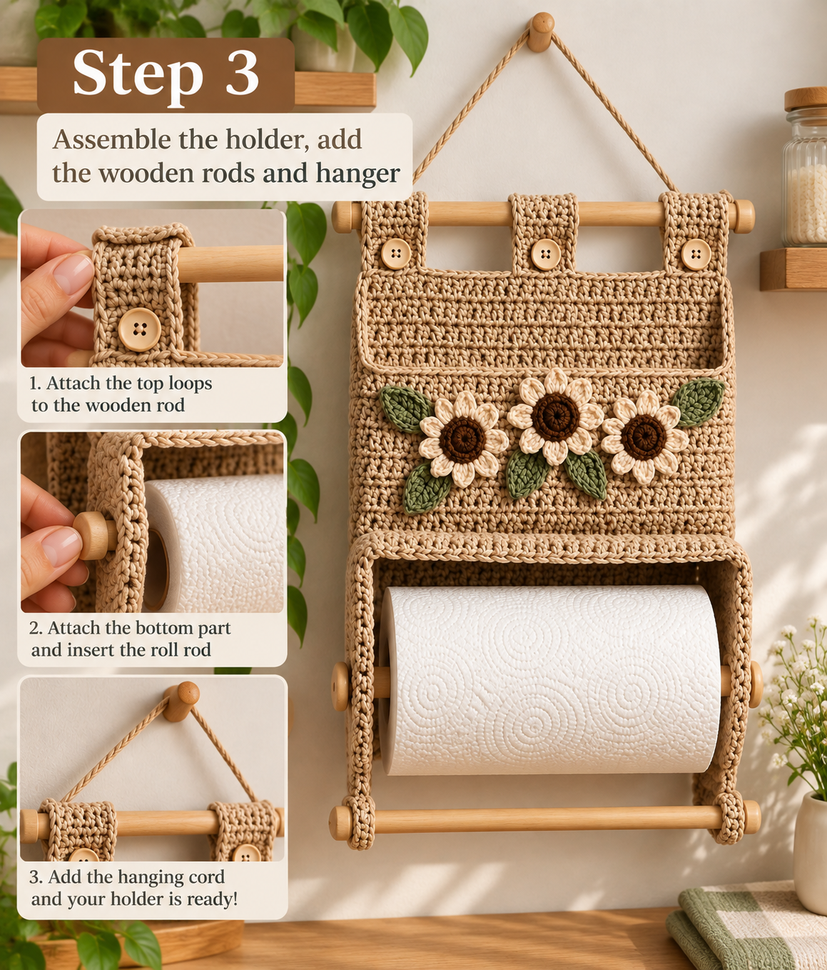 Assembling wooden dowels and hanging cord on a crochet paper towel holder