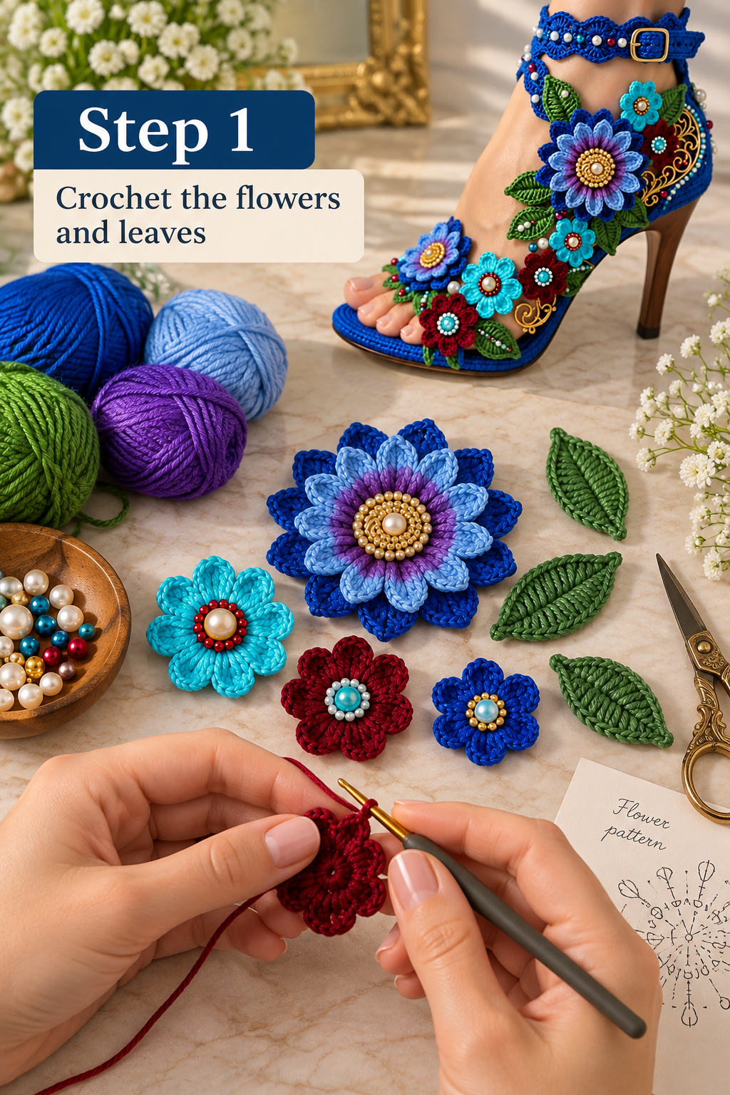 Step 1 crochet flowers and green leaves for floral high heel sandals