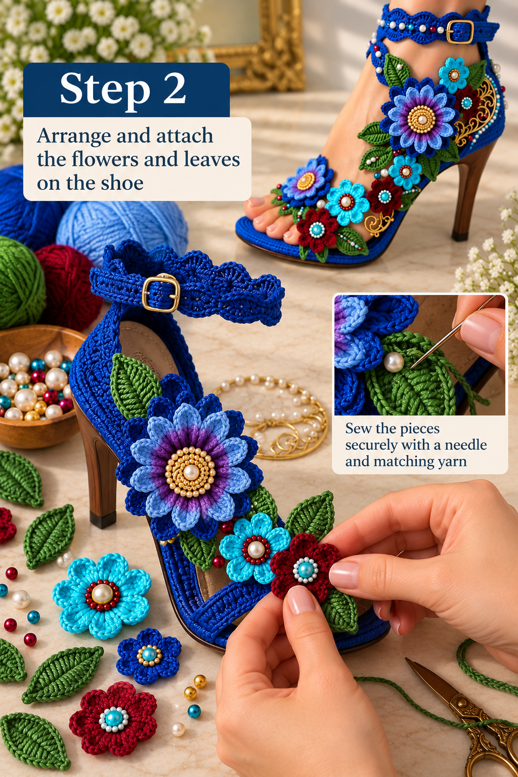 Step 2 attaching crochet flowers and green leaves to a blue high heel sandal