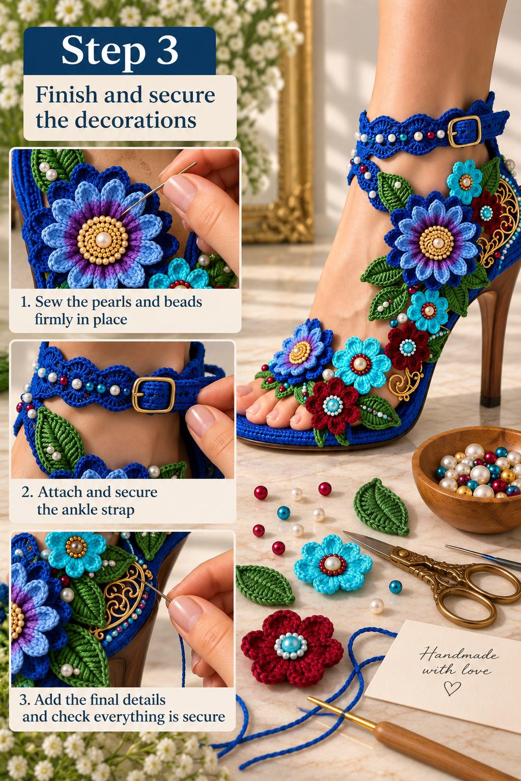 Step 3 finishing crochet floral high heel sandals with pearls beads and ankle strap