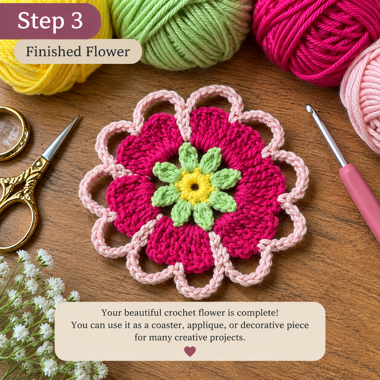Finished colorful crochet flower coaster with pink petals and pale pink outer loops