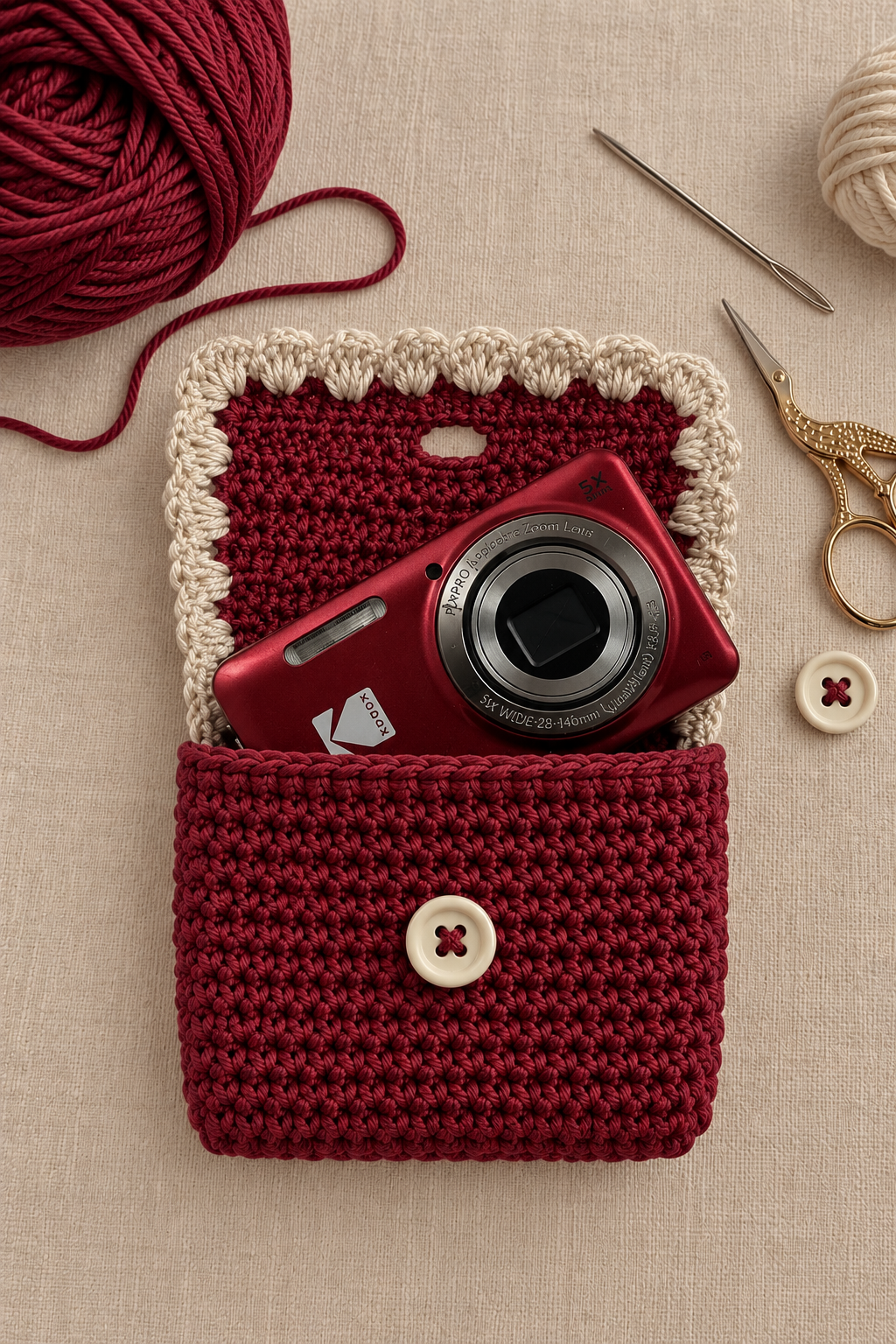 Finished crochet camera pouch with cream scalloped border and camera inside