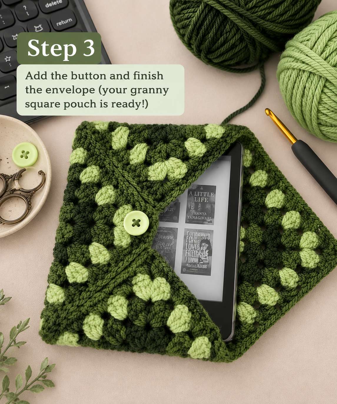 Step 3 finished green granny square envelope pouch with pale green button