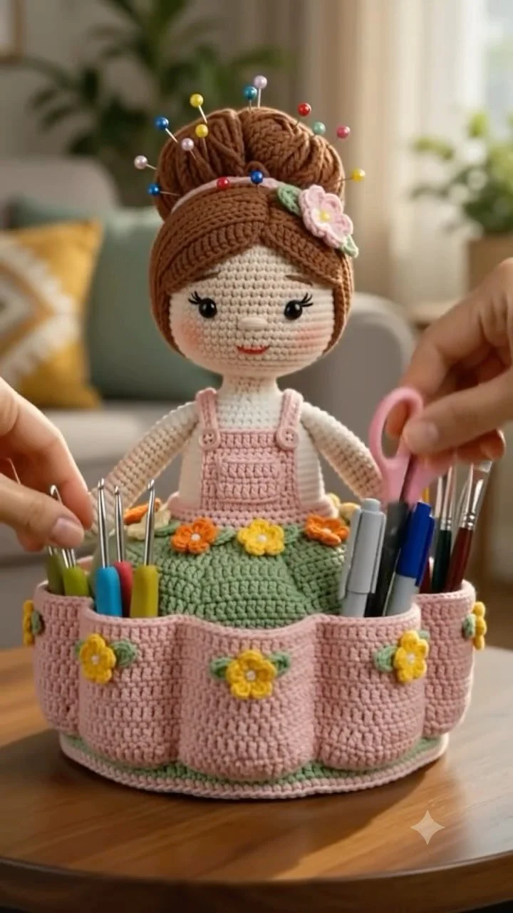 Crochet amigurumi organizer holding hooks, brushes, and crochet tools
