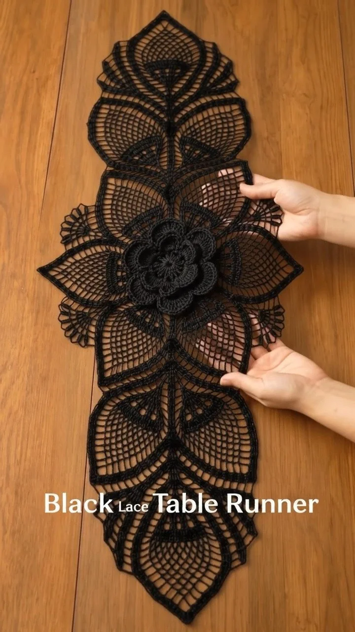 Crochet black lace floral table runner for sophisticated home decor
