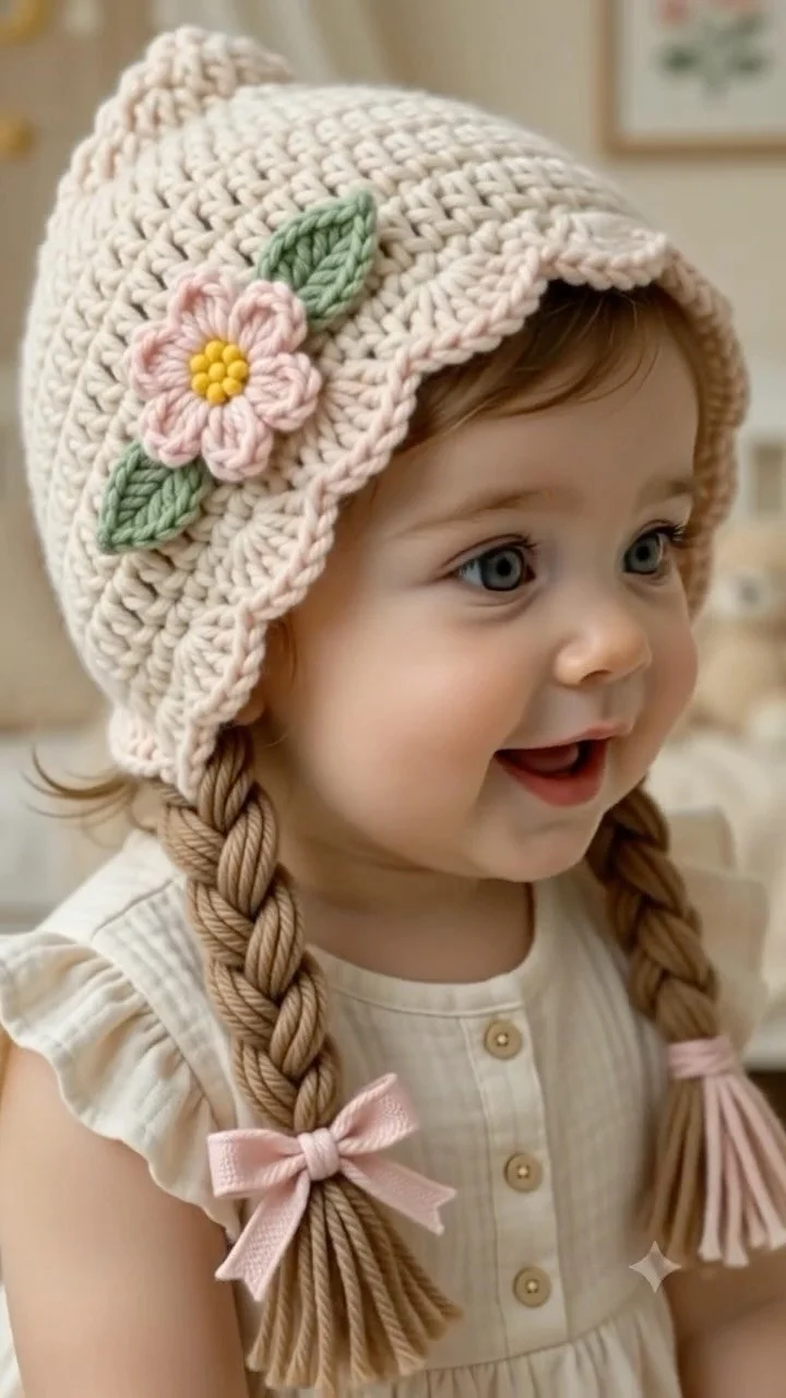 Crochet Bonnet with braided scalloped edges and tiny flowers design