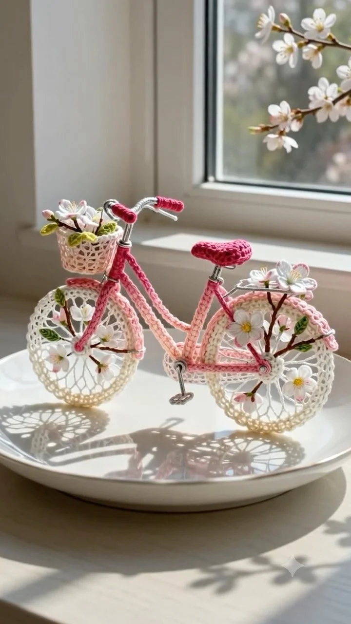 Delicate crochet cherry blossom design on a tiny bike, showcasing a unique handmade art piece.