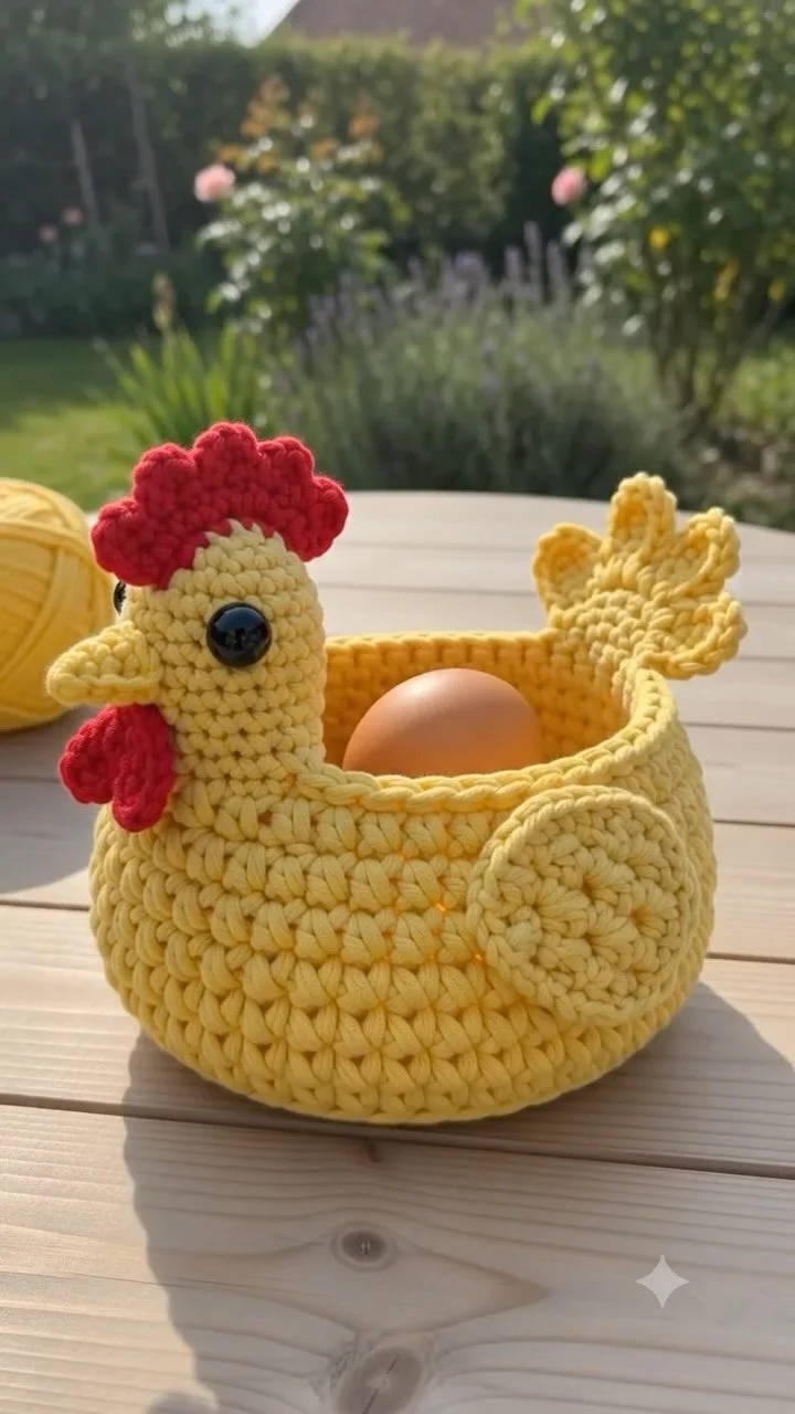 Handmade yellow crochet chicken basket for kitchen decor and storage