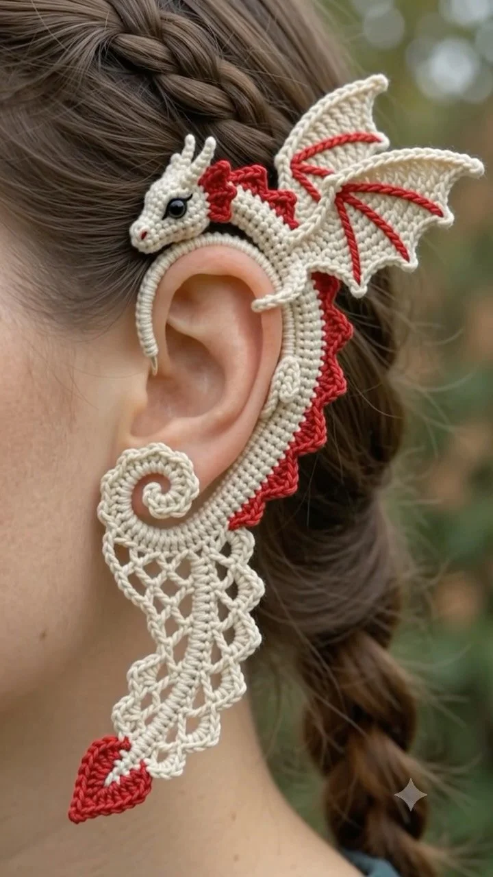 Cream crochet dragon ear cuff with red accents, a stylish fantasy accessory.
