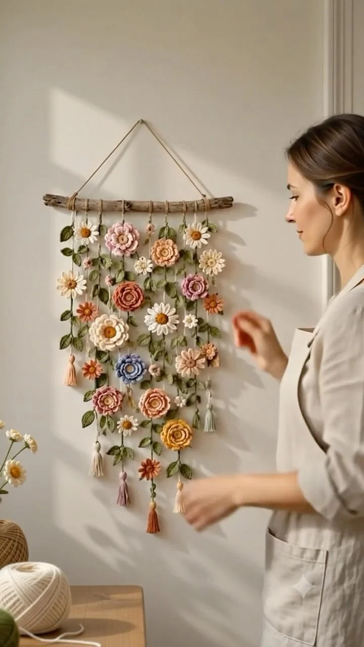 Crochet floral wall hangings showcasing delicate daisies and textured roses.