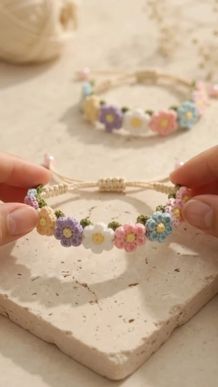 Colorful crochet flower bracelet handmade accessory