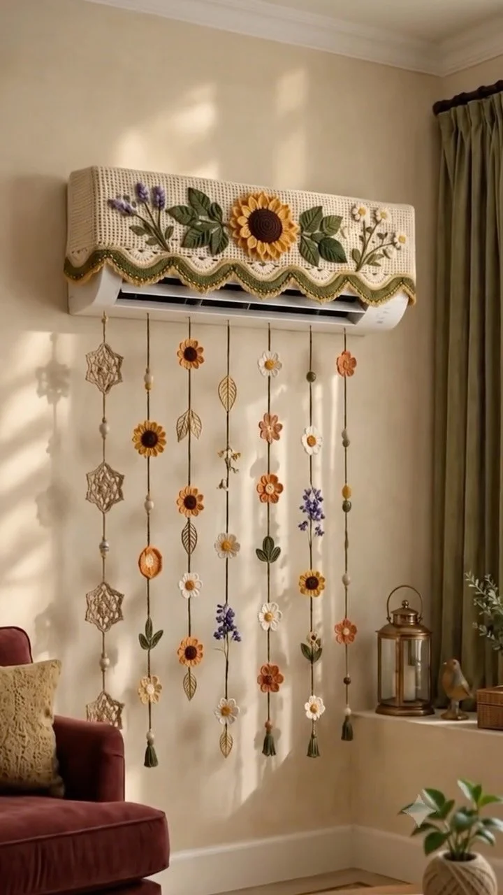 Crochet garden decoration with sunflowers and daisies around an air conditioner