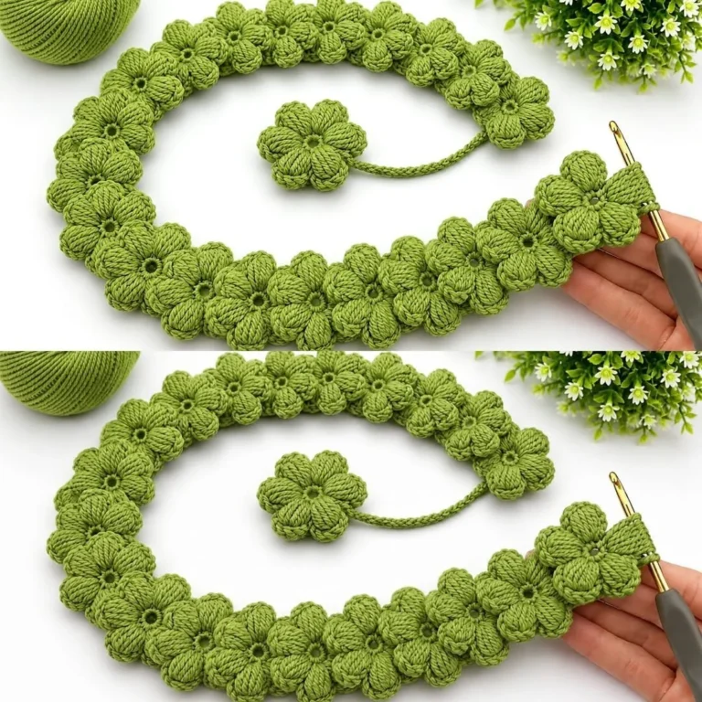 Crochet headband featuring a beautiful 3D flower design pattern.