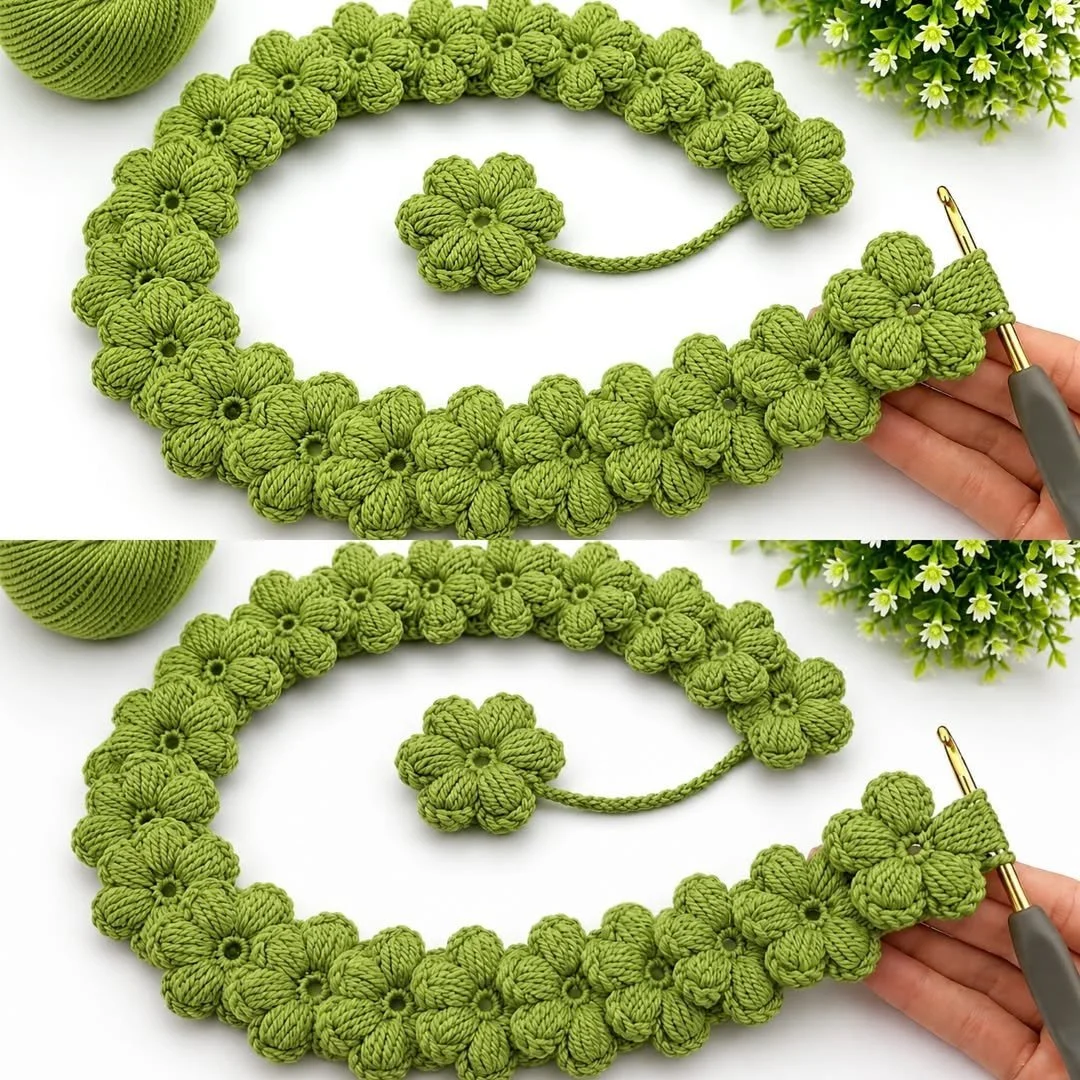 Crochet headband featuring a beautiful 3D flower design pattern.