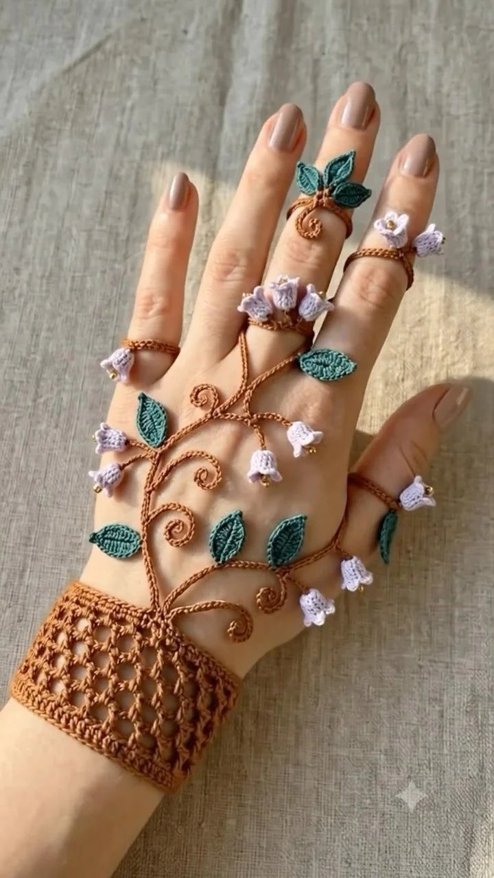 Crochet jewelry featuring tiny flower motifs and delicate leaf designs