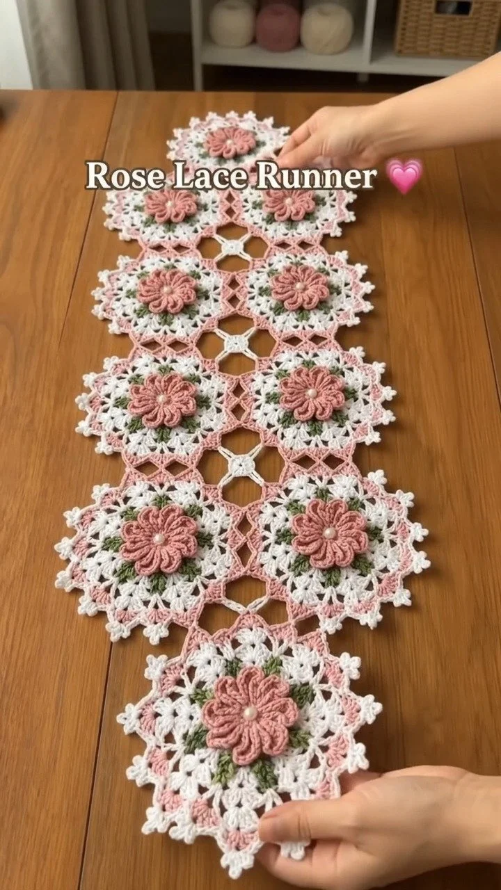 Crochet lace medallion rose table runner in open diamond mesh design