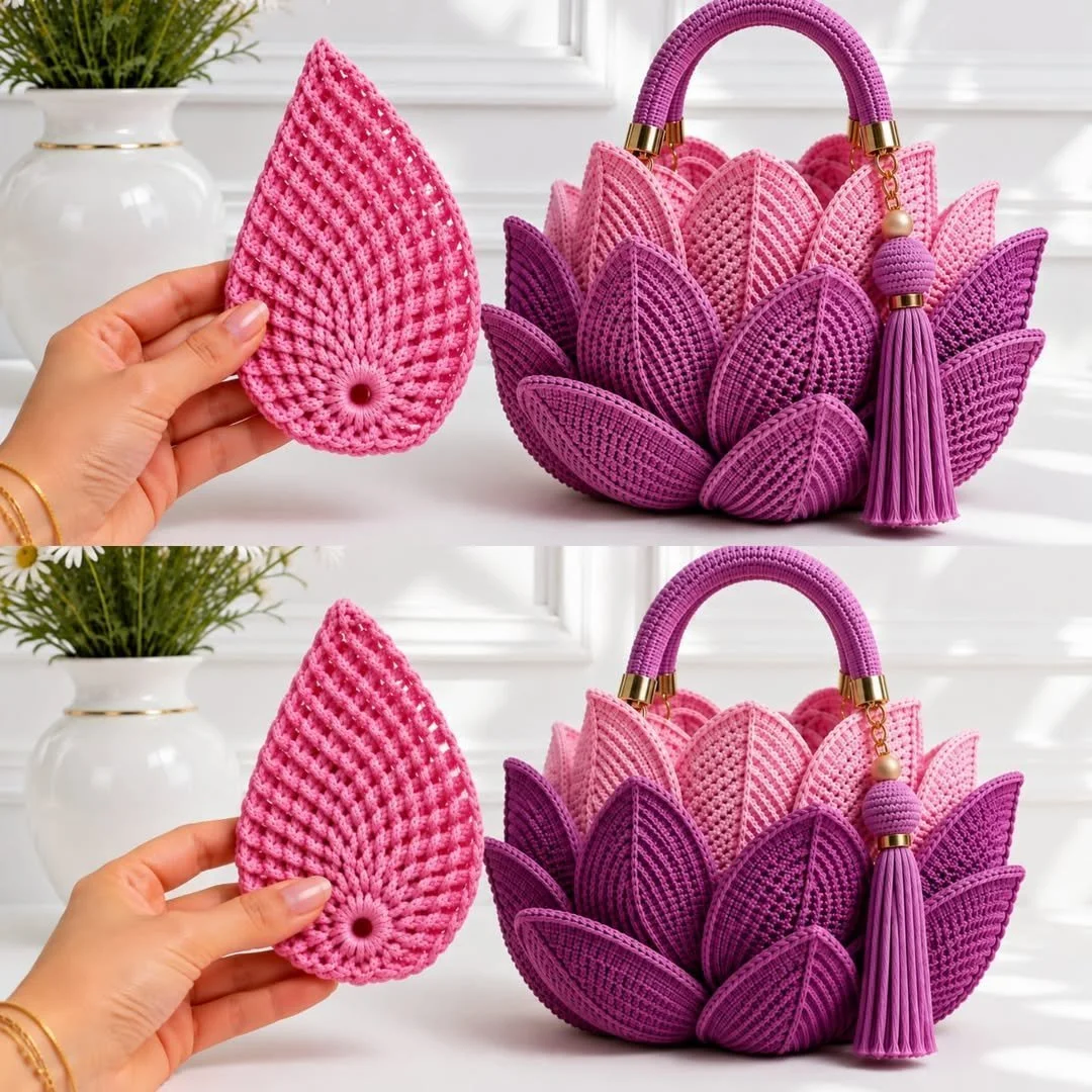 Elegant crochet lotus flower and leaf bag, a stylish accessory for any occasion.