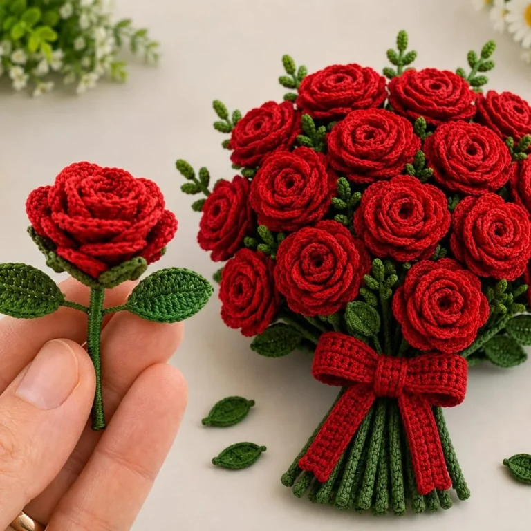 Handcrafted crochet rose bouquet in vibrant colors, perfect for decoration.