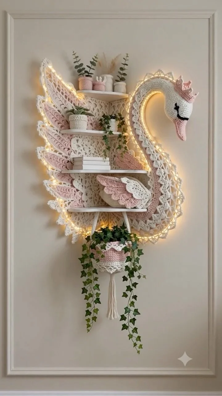 Crochet swan shelf with delicate wings ideal for cozy wall decor
