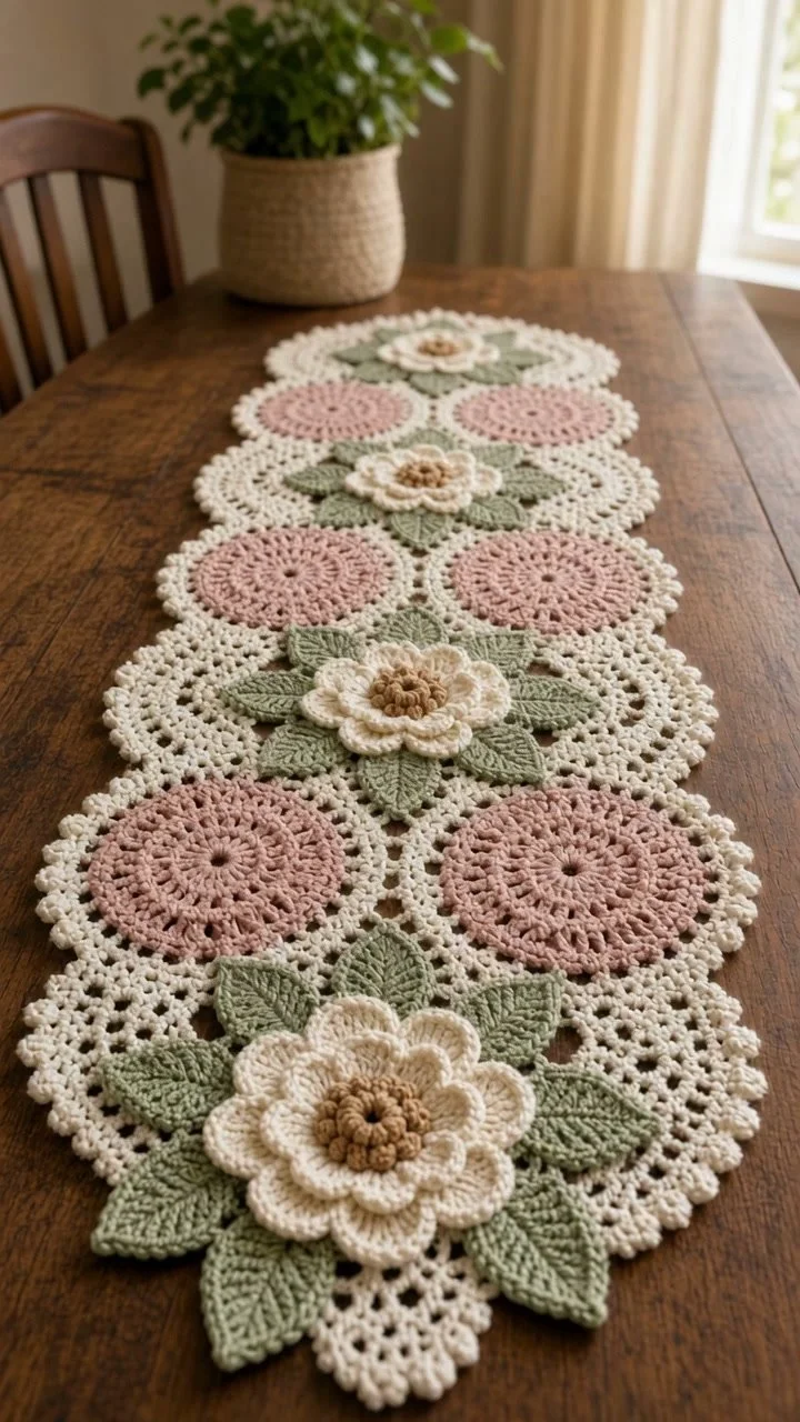 Elegant crochet table runner with rose wave design for home decor.