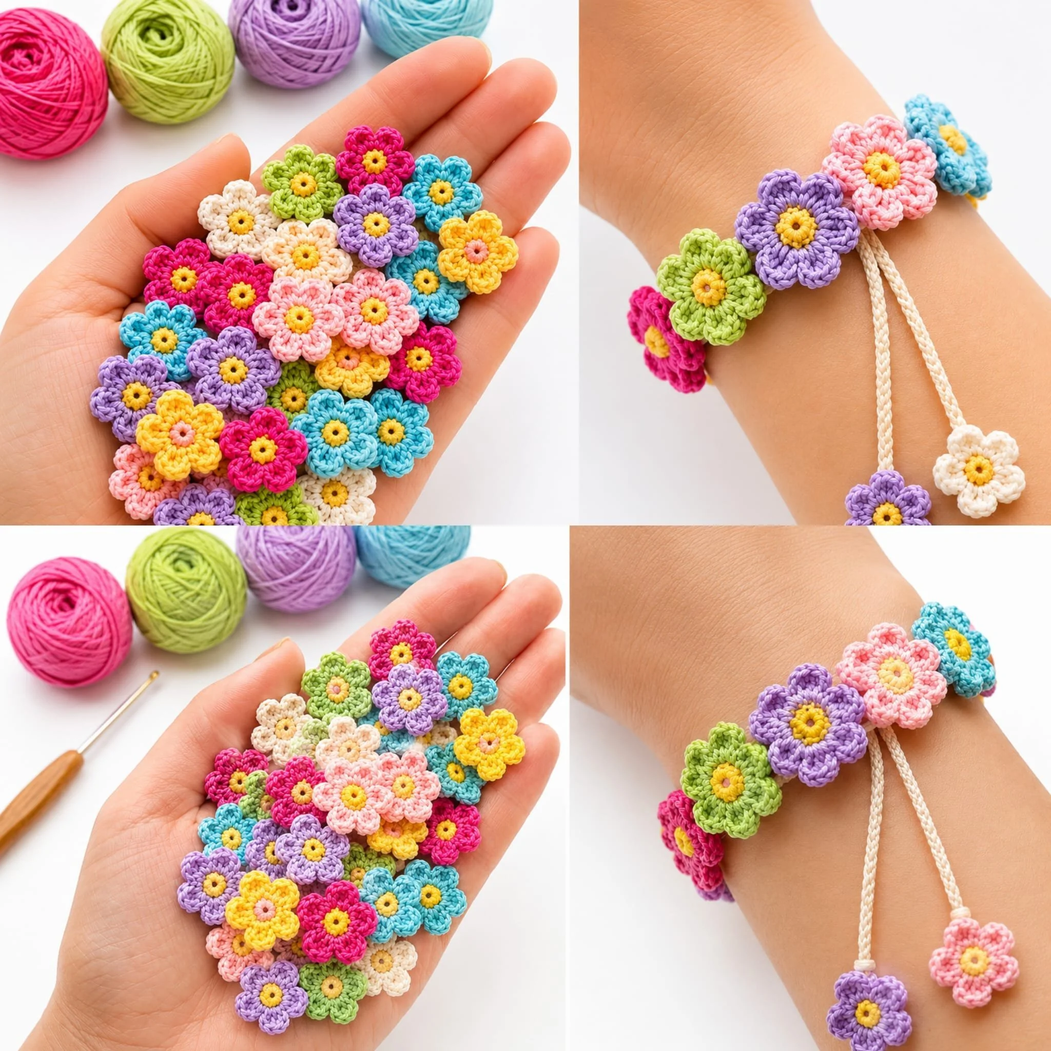 DIY Crochet Tiny Flower Bracelet crafted with colorful yarn and flowers