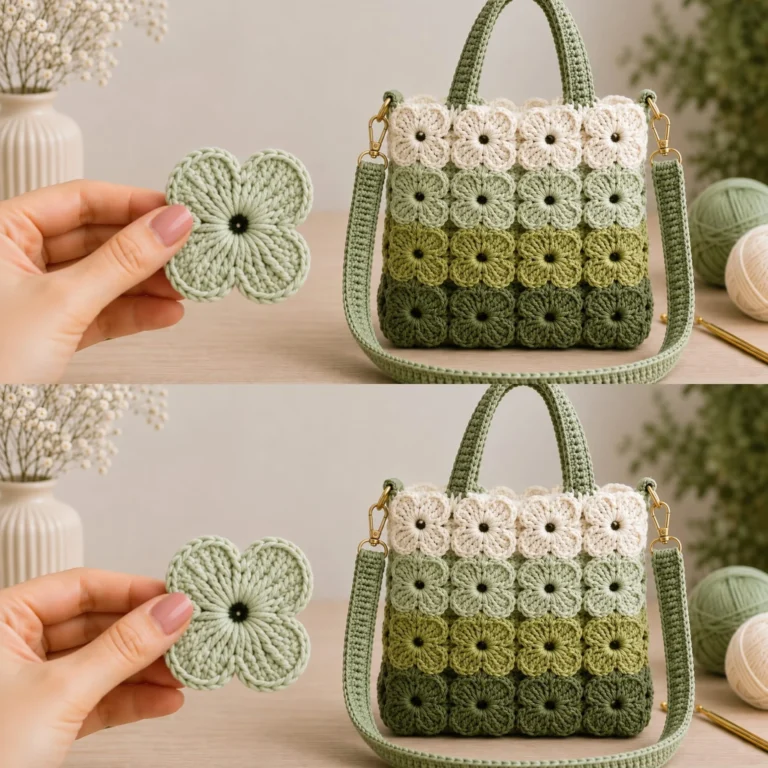 Crochet tote bag with flower-square motif design