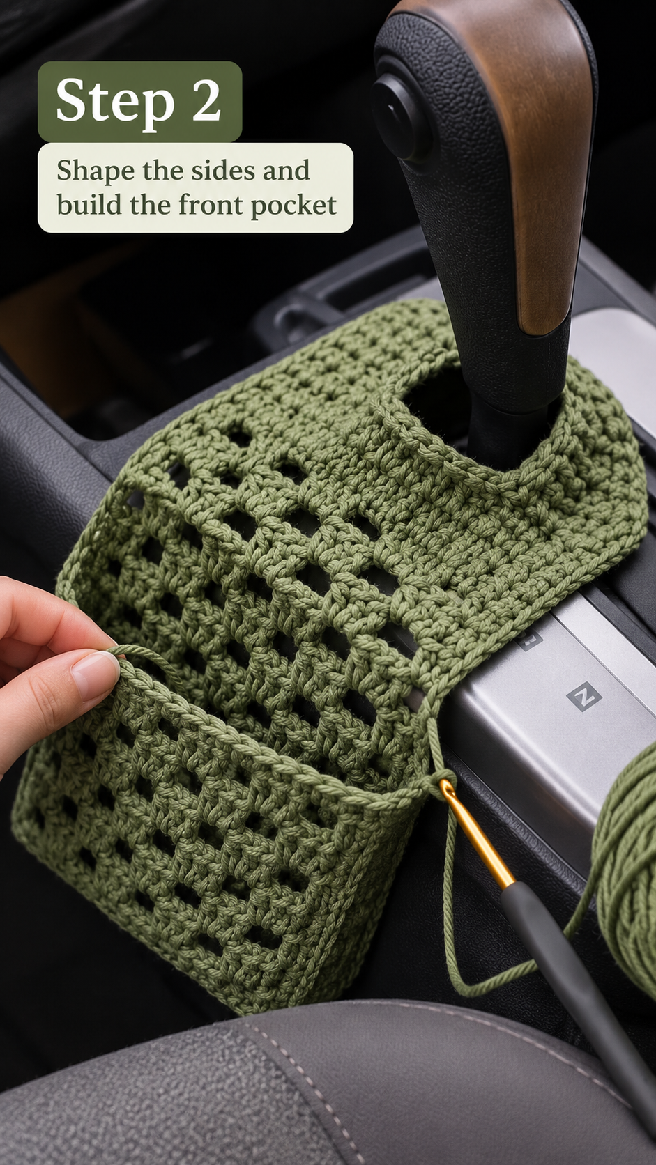 Step 2 shaping an olive green crochet cover around the car gear shifter